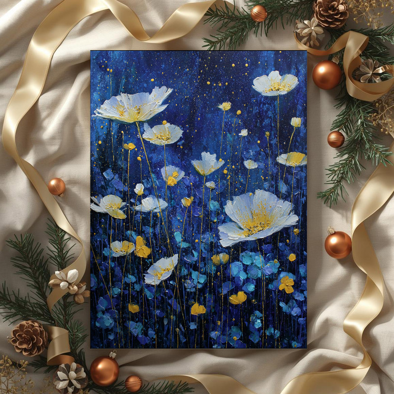 Celestial Garden canvas wall art, painterly anemone blooms beneath constellations, twilight hues ideal for hallway or entry