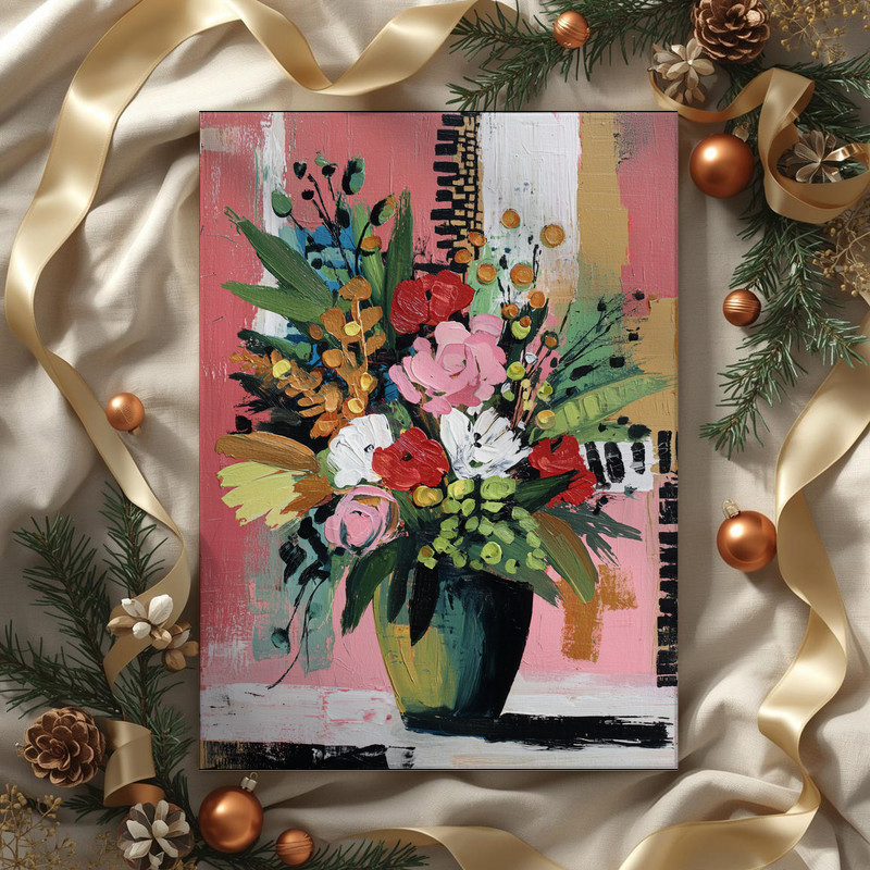 Christmas cheer abstract vase canvas wall art with berry sprigs and holly, landscape, cheerful dorm room decor for holidays