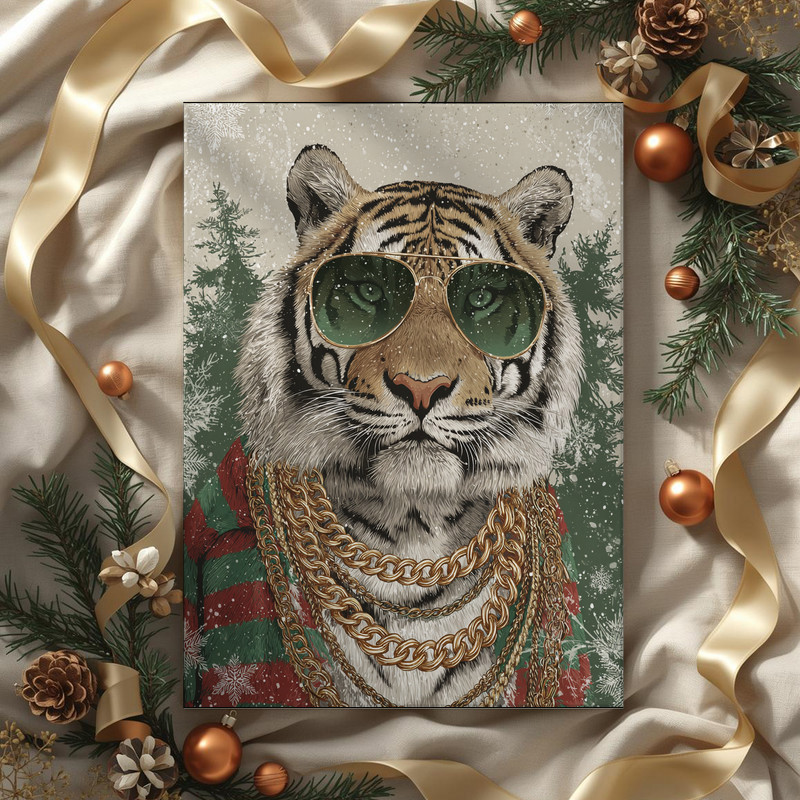 Christmas tiger canvas wall art with gold accents and ornaments, horizontal canvas brings festive energy to a dorm room