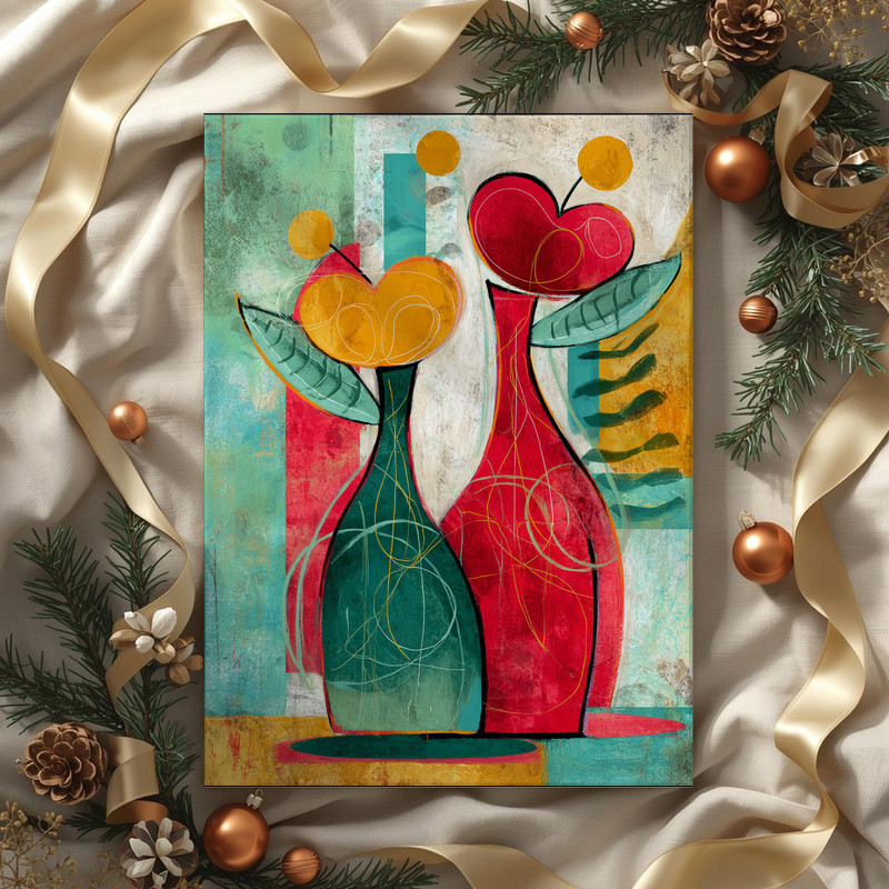 Christmas flower vase abstract canvas wall art in rich seasonal tones with dynamic strokes, dorm room-friendly festive accent