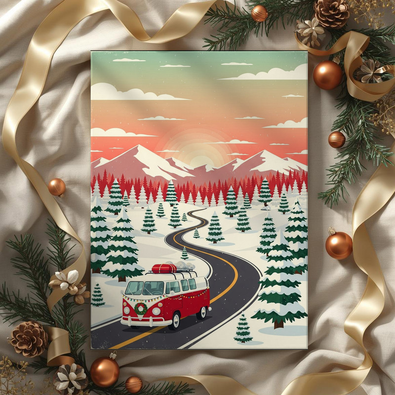 Christmas journey canvas wall art with a festive road lined by evergreens and wreaths, dorm room decor, portrait orientation