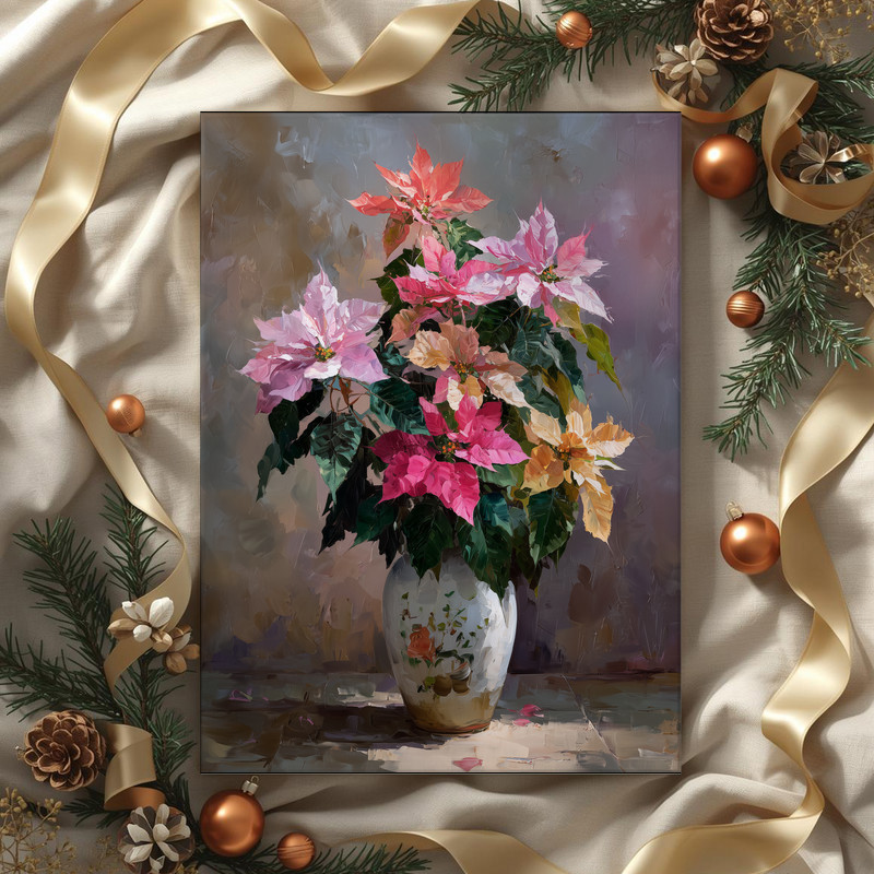 Colorful poinsettias vase canvas wall art, realistic oil bouquet with rich green leaves on neutral backdrop, entryway decor