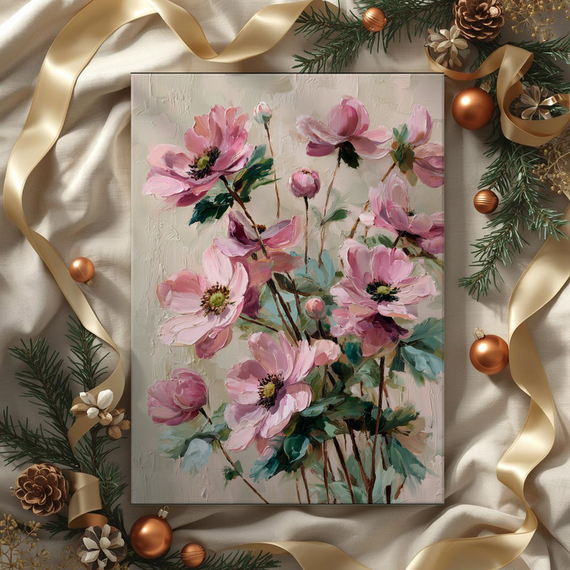 Anemone flower canvas wall art, watercolor-inspired coral gradients and delicate detail for reading nook, portrait format