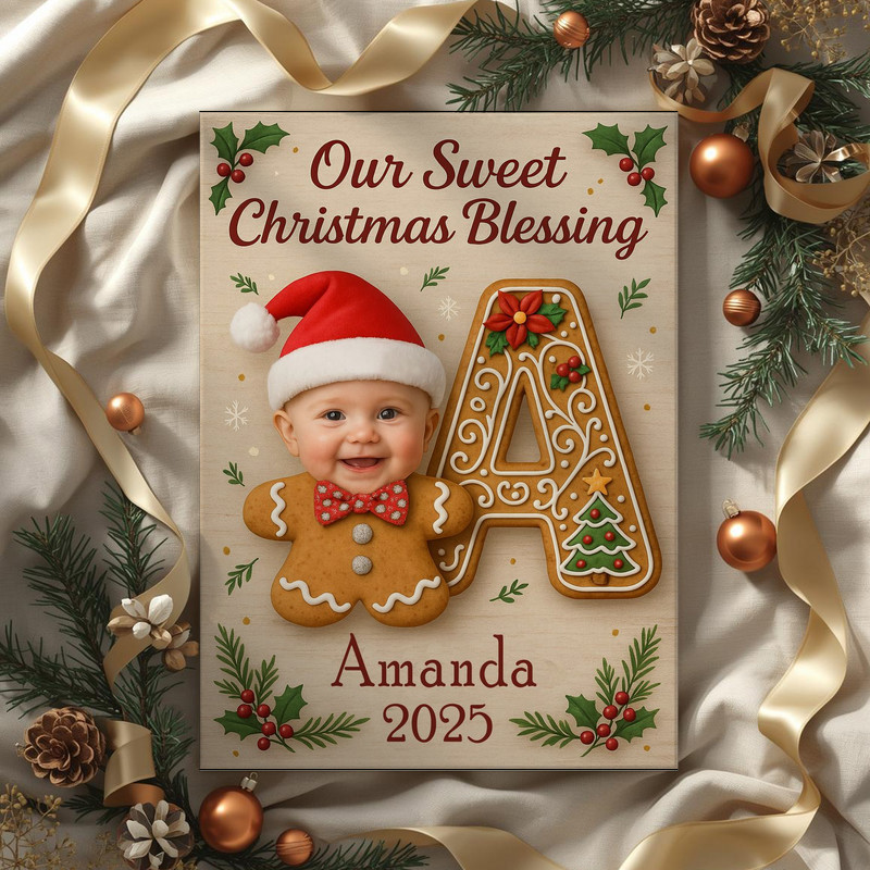 Baby gingerbread monogram letter canvas wall art, custom name, Baby’s First Christmas gift for baby boy or girl nursery