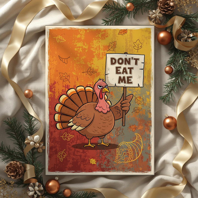 Funny Thanksgiving rustic canvas wall art, humorous turkey begging 'Don’t Eat Me', neutral background, ideal for kitchen, dining, or dorm