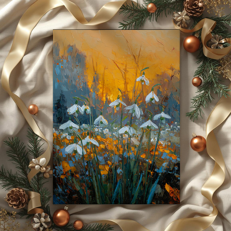 Dusty pink snowdrops canvas wall art, rustic botanical portrait on gallery-wrapped canvas, subtle floral accent for nursery decor