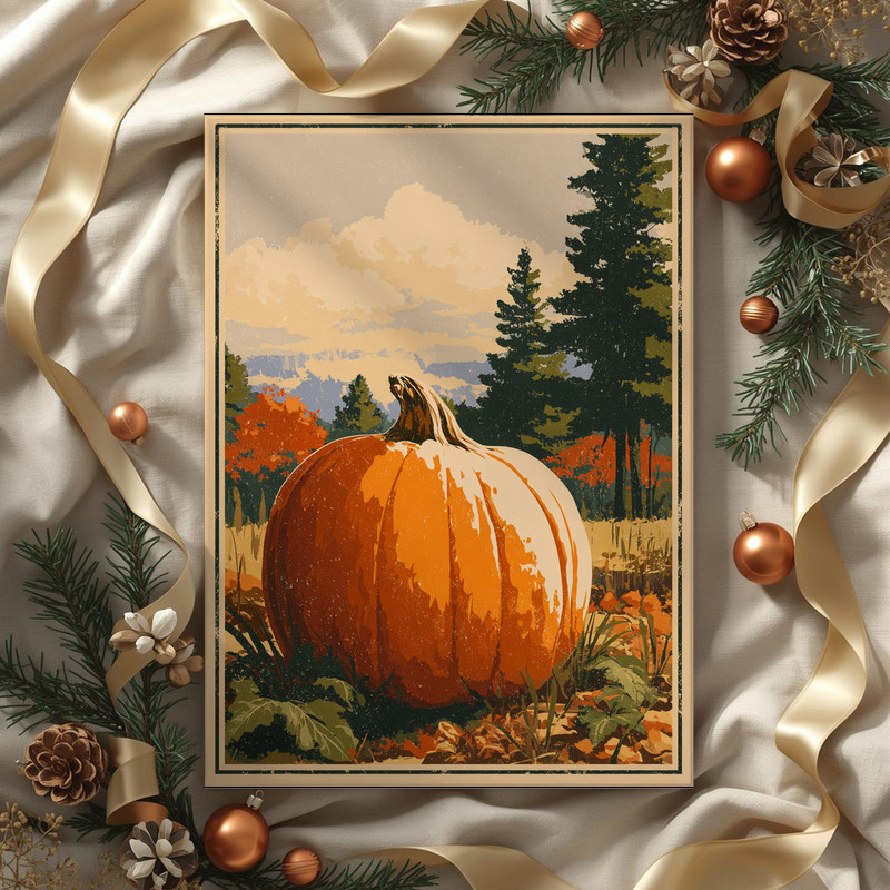 Giant pumpkin canvas wall art, aged patina look with brushy texture, minimalist composition perfect for dorm room entry