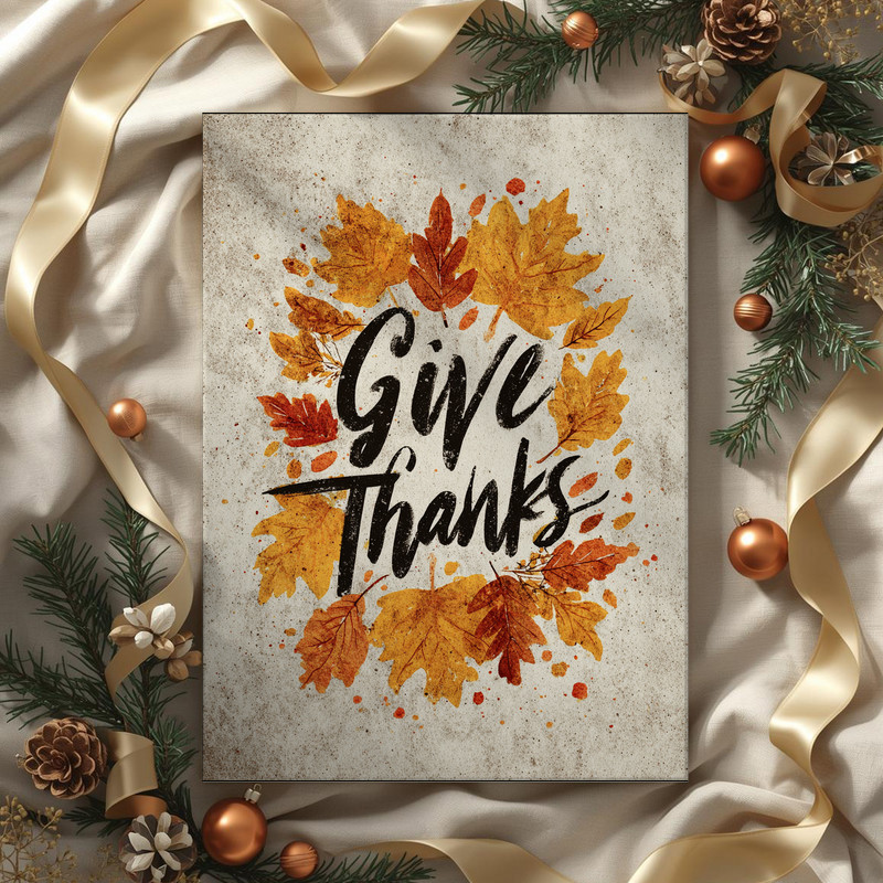 Thanksgiving-themed canvas wall art, rustic 'Give Thanks' message with fall foliage accents, seasonal dorm decor