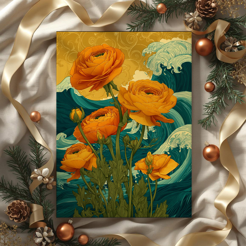 Golden Horizon ranunculi canvas wall art, coastal scene of flowers drifting above ocean waters, calming for entryway display
