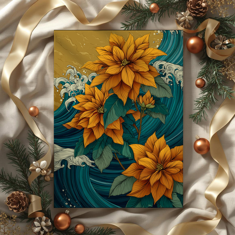 Golden sky poinsettias canvas wall art in dynamic wave design, seasonal floral statement for entryway or dining room Golden sky poinsettias canvas wall art in dynamic wave design, seasonal floral statement for entryway or dining room