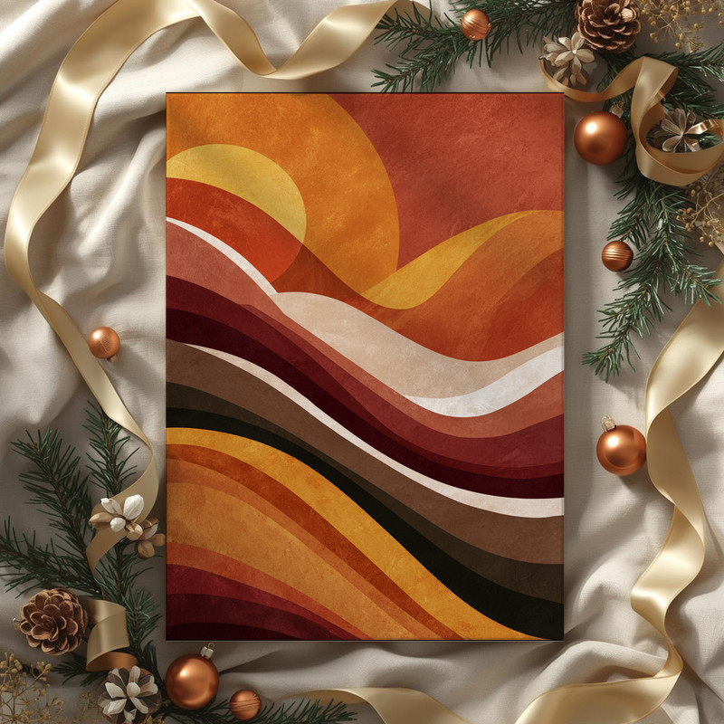 Harvest Waves Thanksgiving abstract canvas wall art for dorm rooms, gentle beige and burnt orange flows, boho style, gallery-wrapped edge