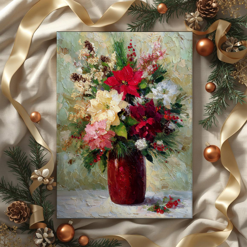 Christmas floral canvas wall art in vintage botanical style on warm parchment tone, square print, gift for college students