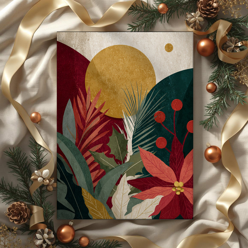 Modern Christmas dorm room canvas wall art with geometric holiday shapes, streamlined abstract design for small space decor