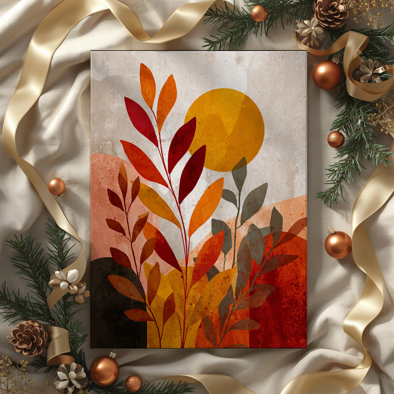 Layered autumn canvas wall art with geometric layering in muted orange and taupe, a warm minimal accent for dorm room walls.