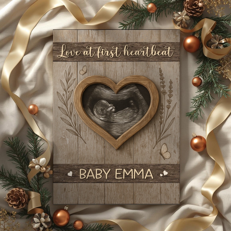 Love At First Heartbeat ultrasound canvas decor, square format with heart-shaped scan, personalized names, baby nursery art