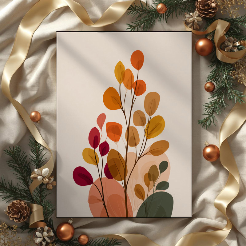 Minimalist botanical canvas wall art, stem on beige with mustard and burnt orange tones, square for Thanksgiving dorm decor