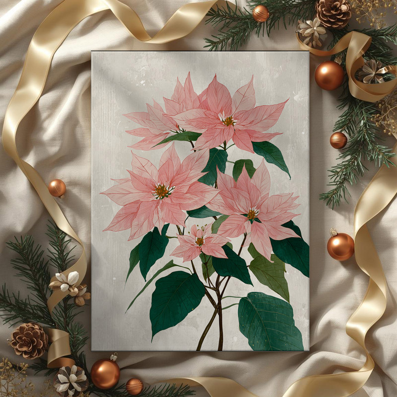 Poinsettias bloom canvas wall art, lush red petals against a near-black background, dramatic oil painting for dining room