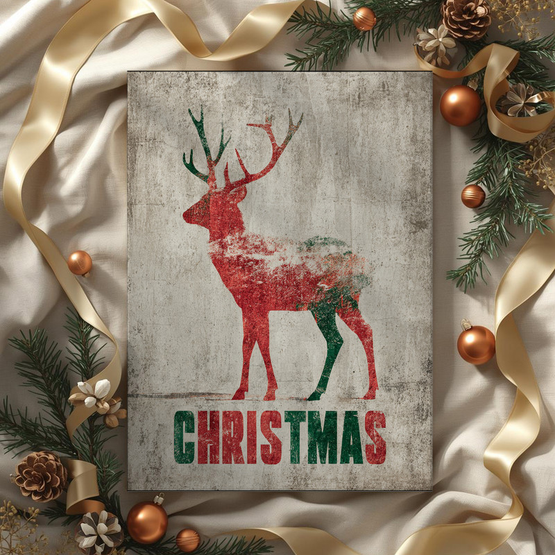 Minimalist reindeer Christmas canvas wall art, neutral palette on stretched canvas, calm seasonal accent for dorm room walls