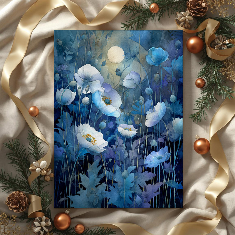 Moonlit night garden of anemones canvas wall art, subtle lunar glow over dark foliage, gallery-wrapped edges for a refined finish Moonlit night garden of anemones canvas wall art, subtle lunar glow over dark foliage, gallery-wrapped edges for a refined finish