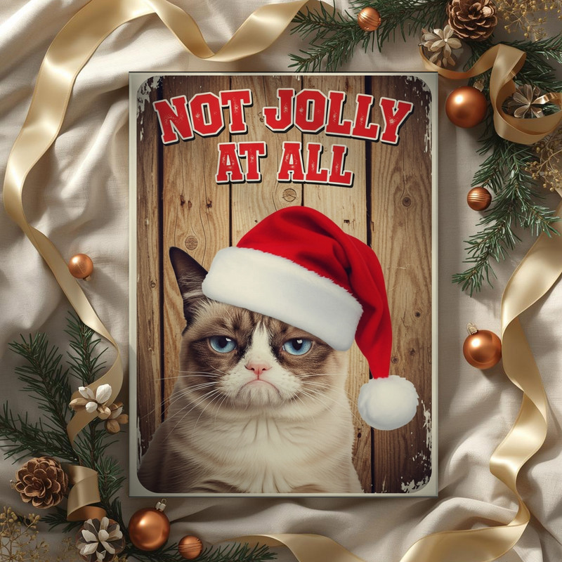 Grumpy Christmas cat meme canvas wall art, dark background, meme text, fun seasonal dorm decoration in vertical orientation