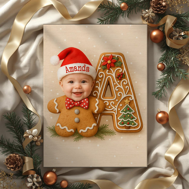 Baby gingerbread monogram canvas wall art, personalized, cookie letter with tiny stars, charming First Christmas gift