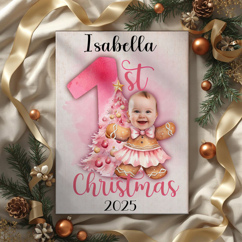 Baby girl first Christmas canvas wall art, pink gingerbread ballerina and stars, custom name and date, holiday keepsake Baby girl first Christmas canvas wall art, pink gingerbread ballerina and stars, custom name and date, holiday keepsake