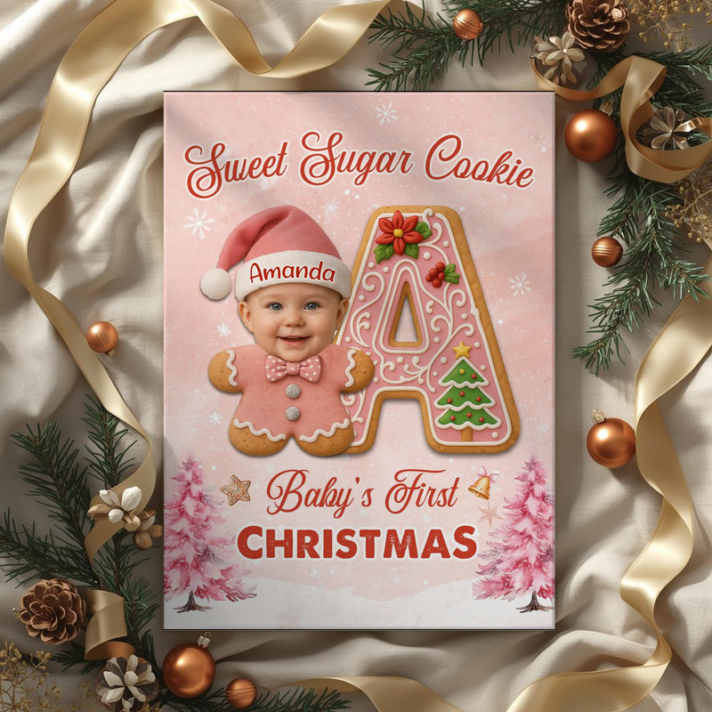 Baby pink gingerbread canvas wall art with pastel cookie illustration, personalized name, gift for baby's first holiday