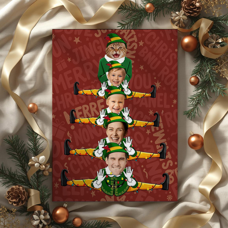 Elf family Christmas tree canvas wall art, dark green background with five elves, star topper, custom names for entryway