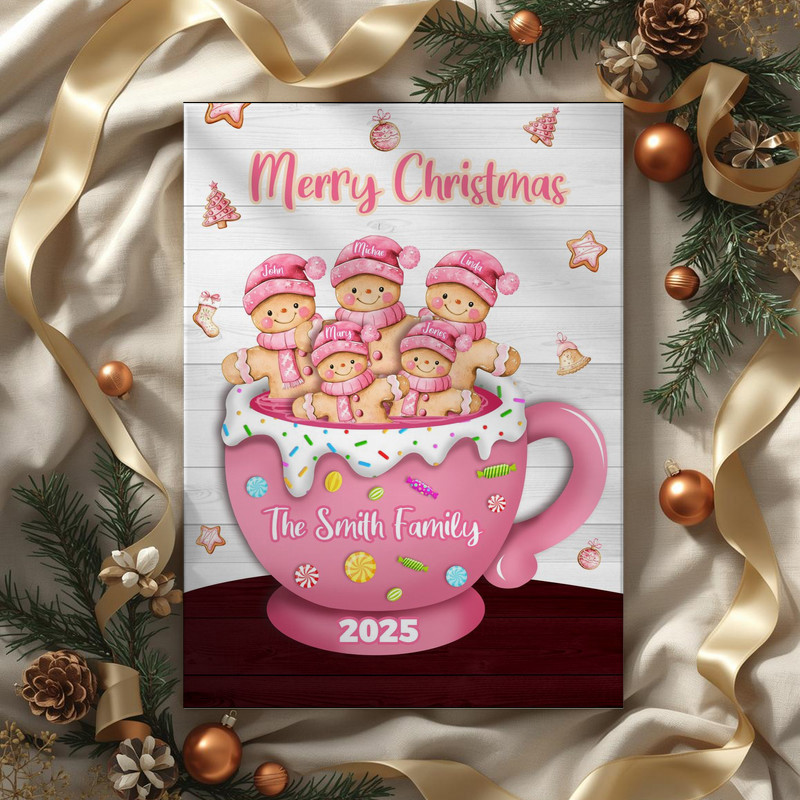 Gingerbread family in blush pink mug Christmas canvas wall art, personalized names, farmhouse style accent for entryway Gingerbread family in blush pink mug Christmas canvas wall art, personalized names, farmhouse style accent for entryway