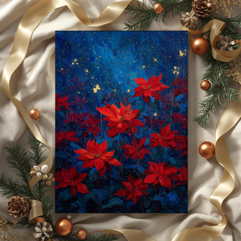 Poinsettias night garden canvas wall art, close-up cluster with velvety petals and soft gradients, dreamy nocturne palette