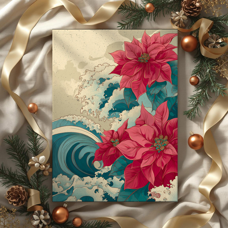 Japanese-inspired poinsettias and ocean waves canvas wall art, golden accents on spray and stamens, ultramarine tide, panoramic