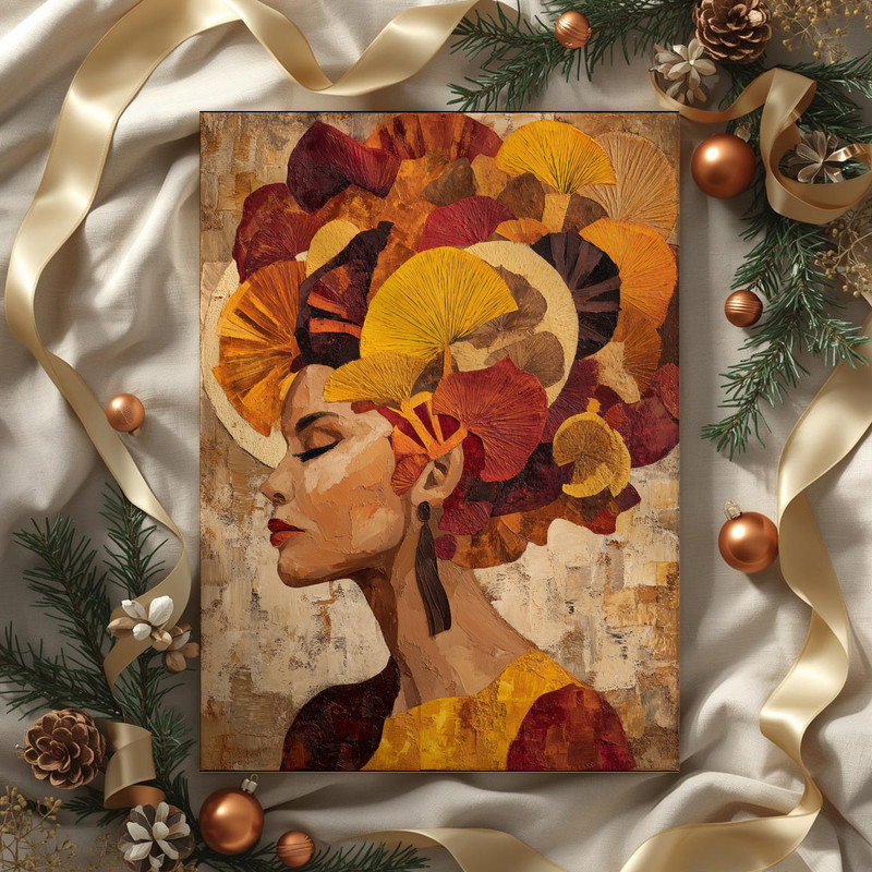 Portrait of a woman with an extravagant headdress canvas wall art, abstract detailing and warm tones for autumn college suite
