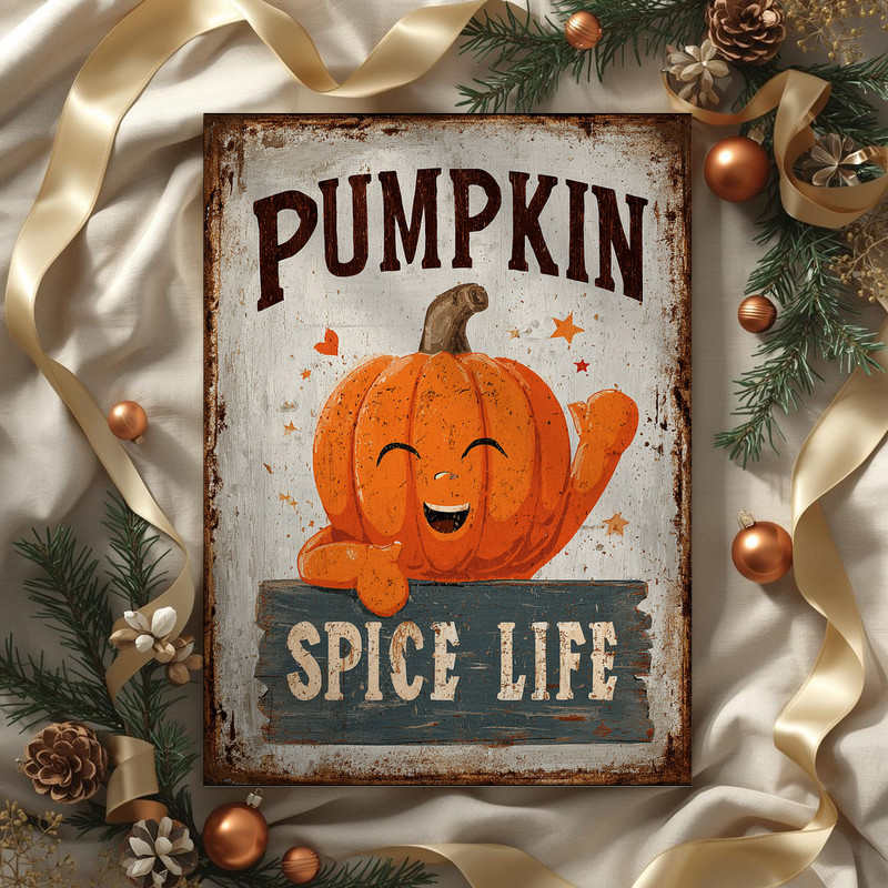 Pumpkin spice life meme canvas wall art in autumnal palette with playful meme text, horizontal for Thanksgiving dorm decor