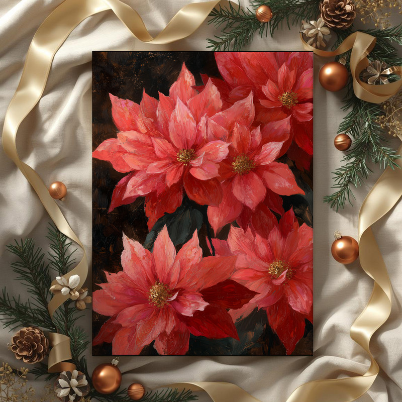 Red poinsettias portrait canvas wall art, rustic fine art style, Christmas gift for plant lovers and holiday hosts