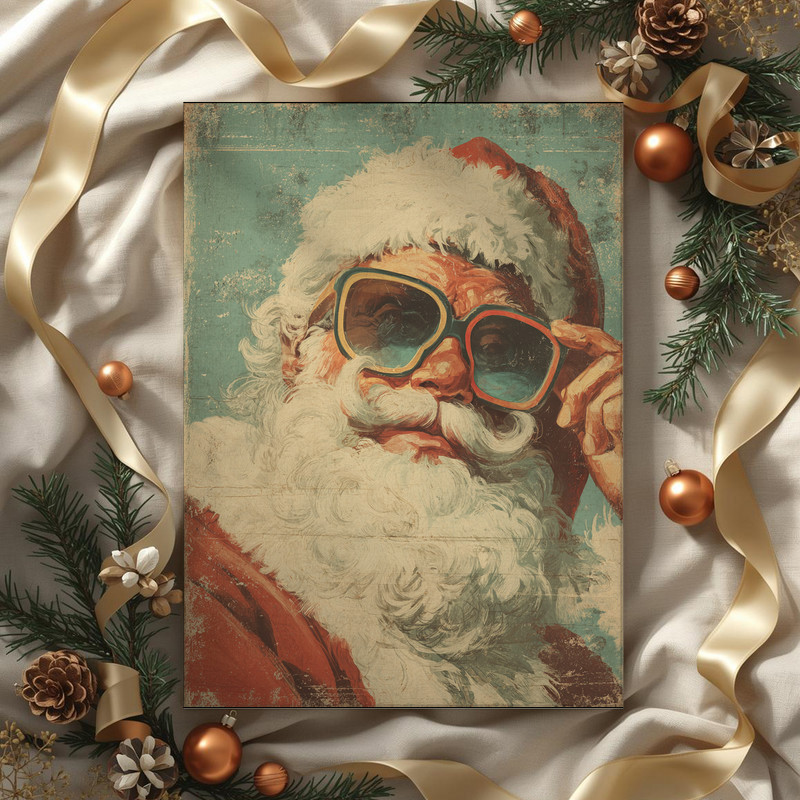Retro Santa canvas wall art, quirky cute Christmas accent for dorm room walls; great gift for college students during winter holidays
