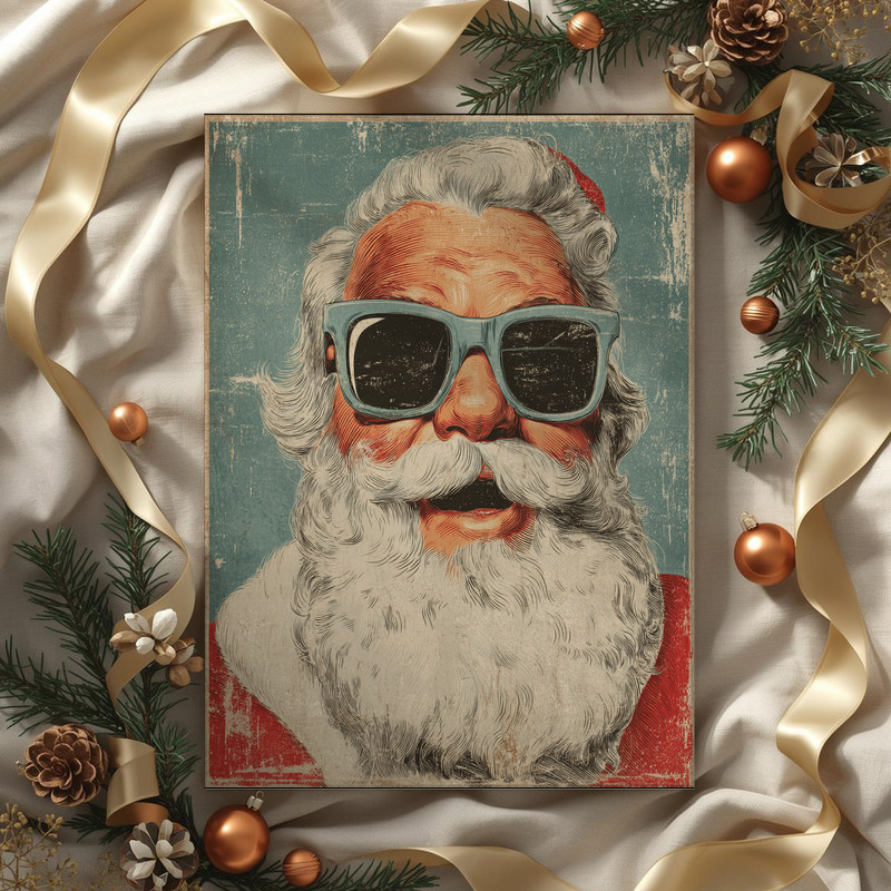 Retro Santa canvas wall art featuring jolly close-up with twinkling stars, seasonal decor ideal for dorm bedsides.
