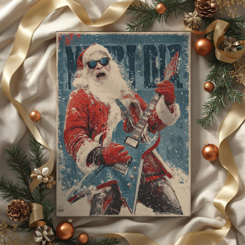 Rockstar Santa Christmas canvas wall art in retro rustic palette, festive dorm decor for music lovers and holiday party vibes