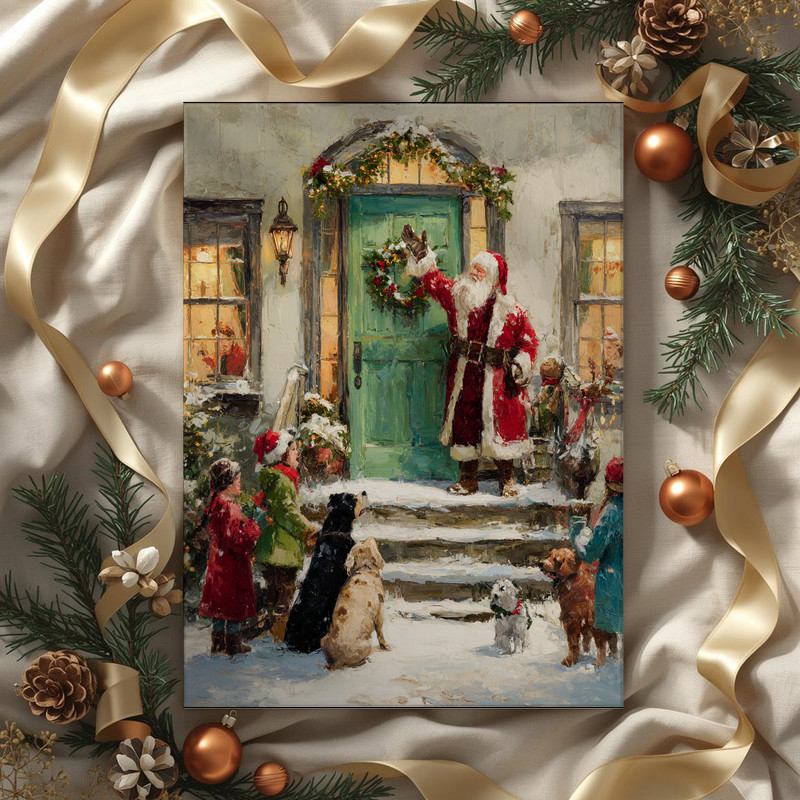 Santa on the step with green door canvas wall art, muted watercolor style with snow and garland, inviting holiday living room