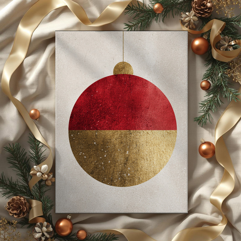 Simple Christmas canvas wall art with subtle hanging ornaments, understated dorm decor for small spaces, cool gray and pine.