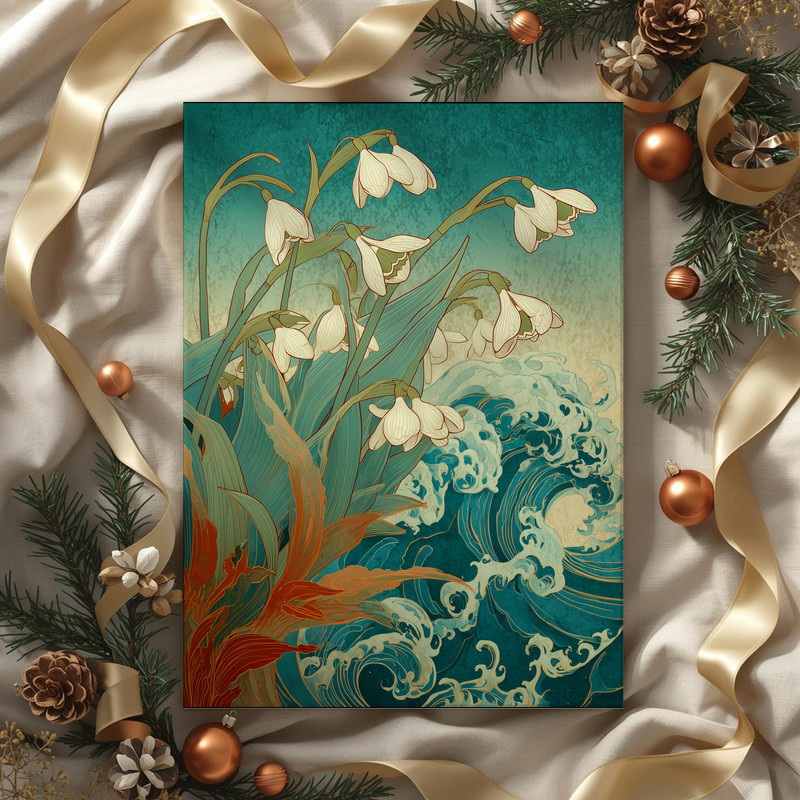Snowdrops & Waves Harmony canvas wall art, serene beach and snowdrop motif in blues, housewarming gift for beach lovers