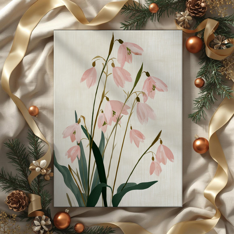 Soft blush snowdrops canvas wall art, delicate stems and petals vintage botanical print with muted tones for minimalist decor