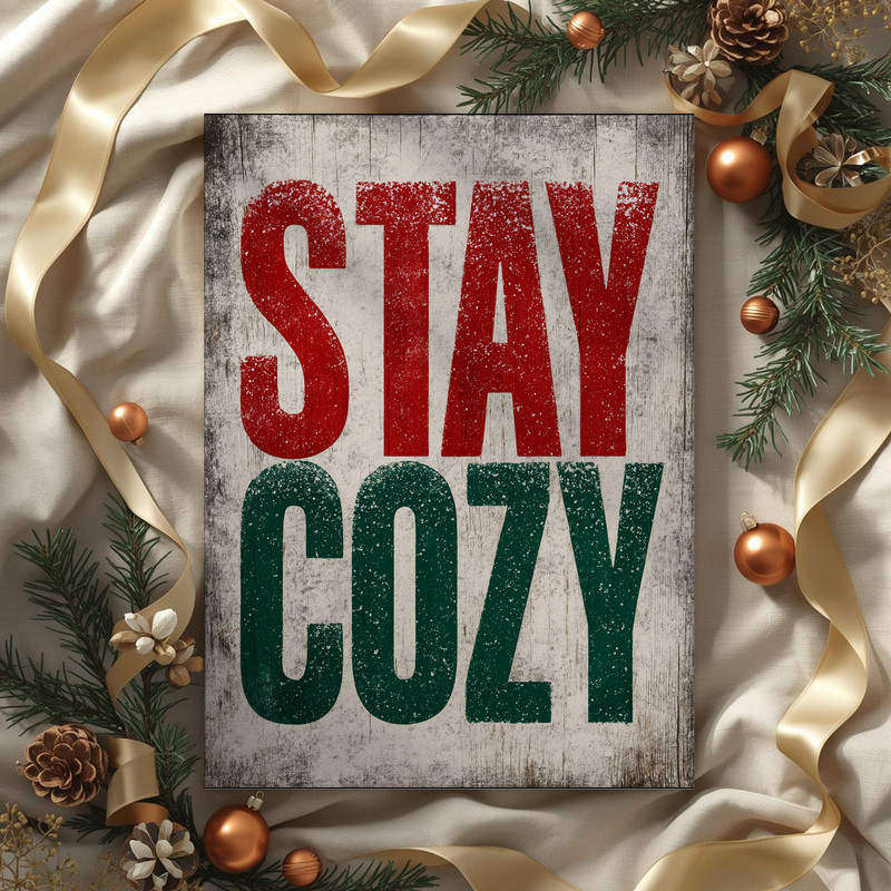 Holiday canvas wall art, rustic red and green with snow-dusted look and cozy script, landscape design tailored to dorm spaces