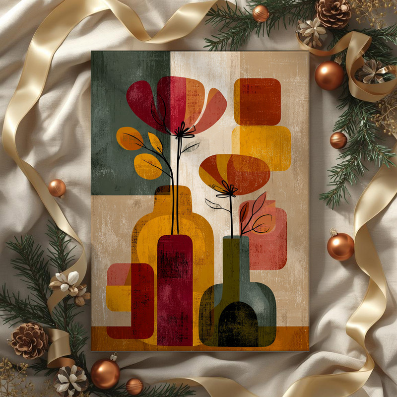 Thanksgiving flower vase canvas wall art with soft watercolor wash and gold accents, subtle fall dorm decor, vertical orientation