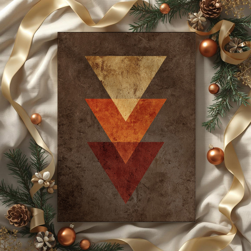 Thanksgiving geometric canvas wall art with abstract corn and wheat motifs, muted mustard and taupe palette, dorm accent