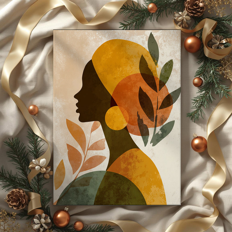 Thanksgiving inspired minimalist woman canvas wall art with subtle autumn hues, contour line drawing, horizontal for dorms