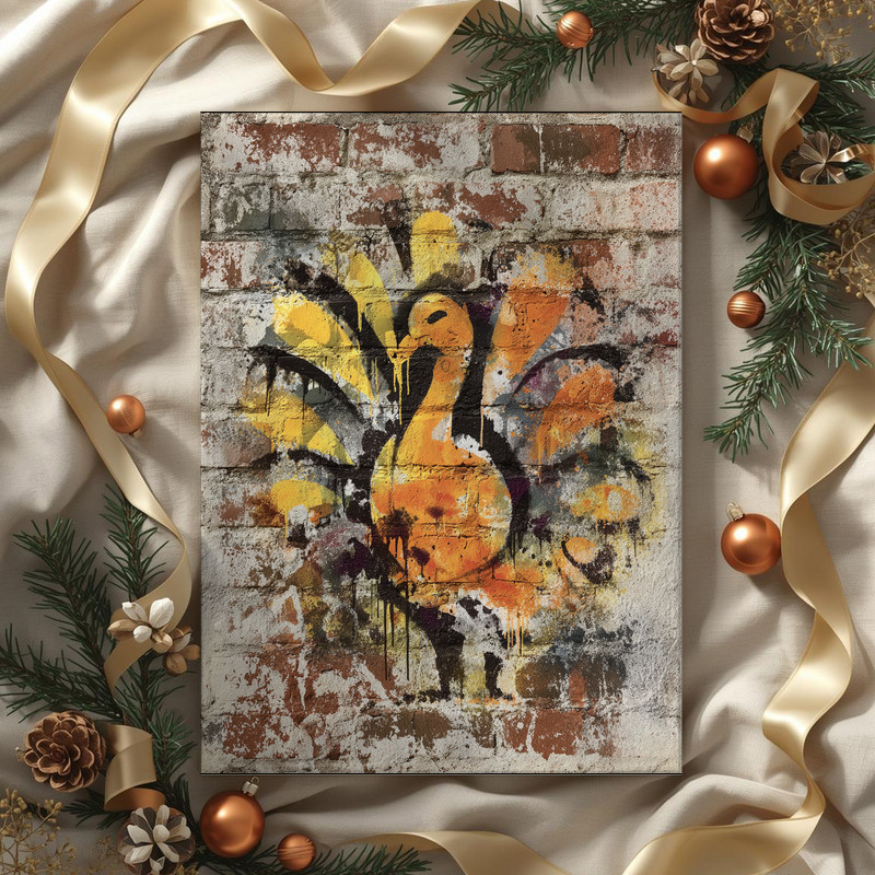 Thanksgiving turkey graffiti canvas wall art with abstract spray patterns and bright palette, focal piece for dorm room