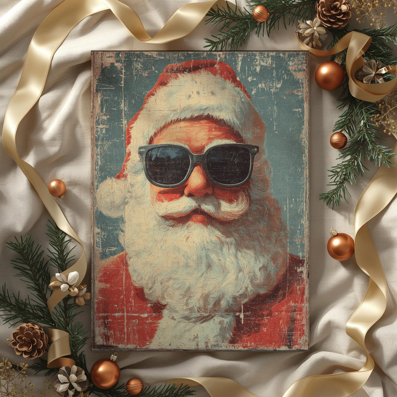 Vintage retro funny Santa portrait canvas wall art, minimalist color palette with faded edges, charming Christmas dorm accent Vintage retro funny Santa portrait canvas wall art, minimalist color palette with faded edges, charming Christmas dorm accent