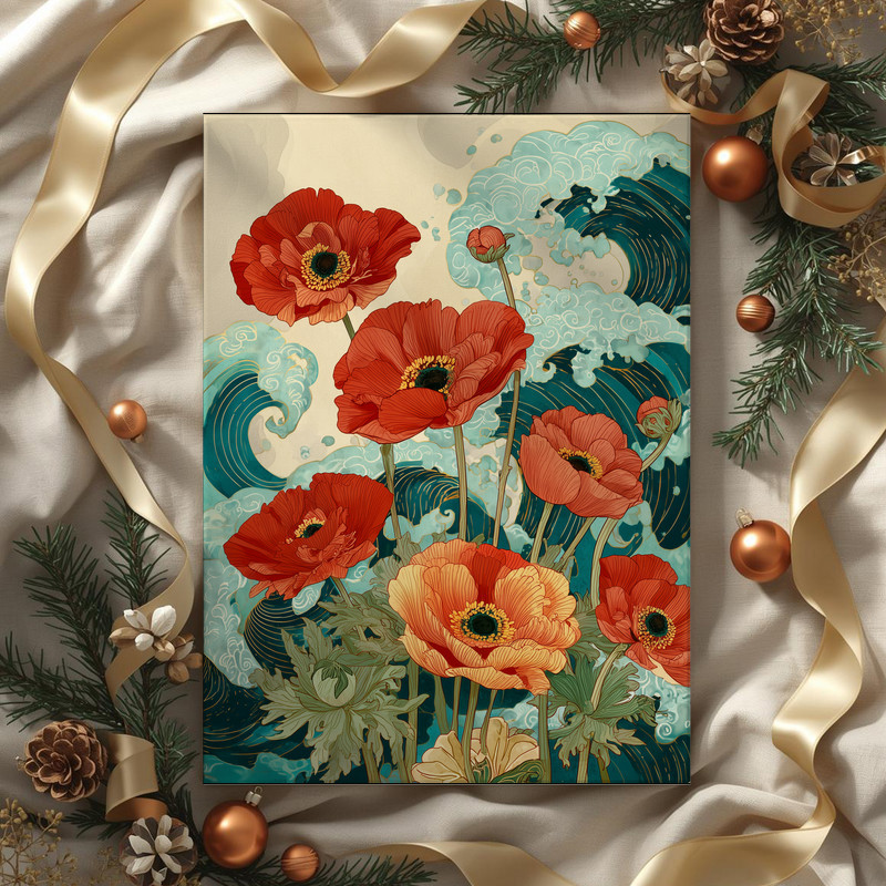 Abstract anemones and waves canvas wall art, balanced movement and texture in cool blues, a thoughtful housewarming gift.