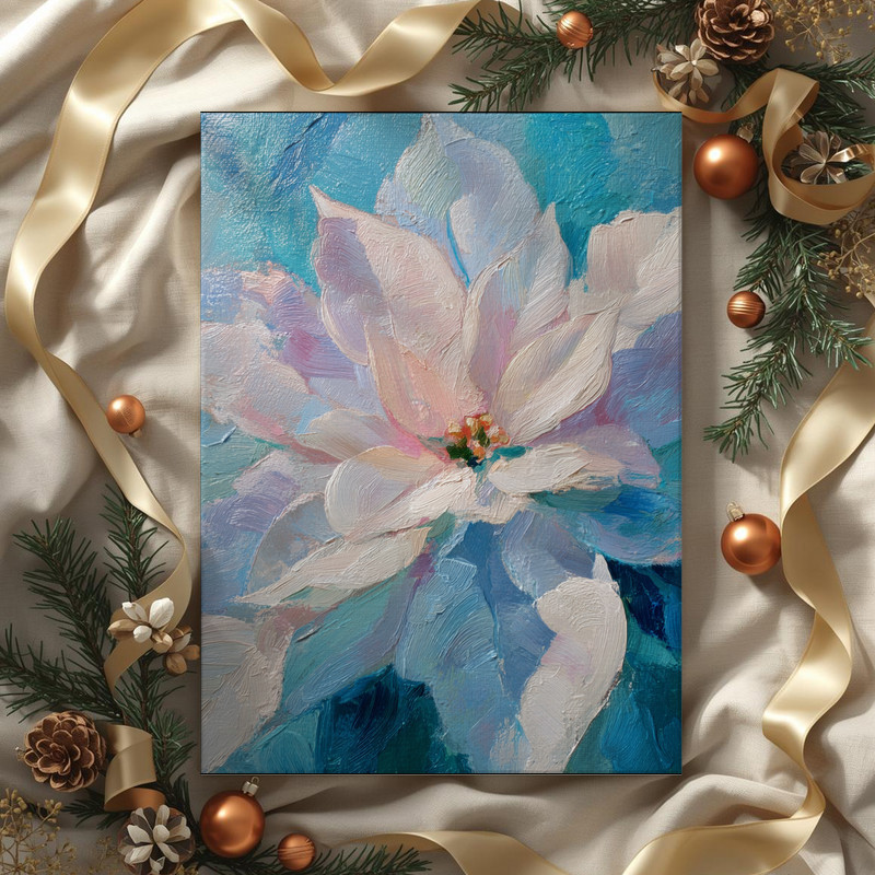 White poinsettias canvas wall art portrait, gentle oil painting blooms ideal for seasonal entryway or mantel decor