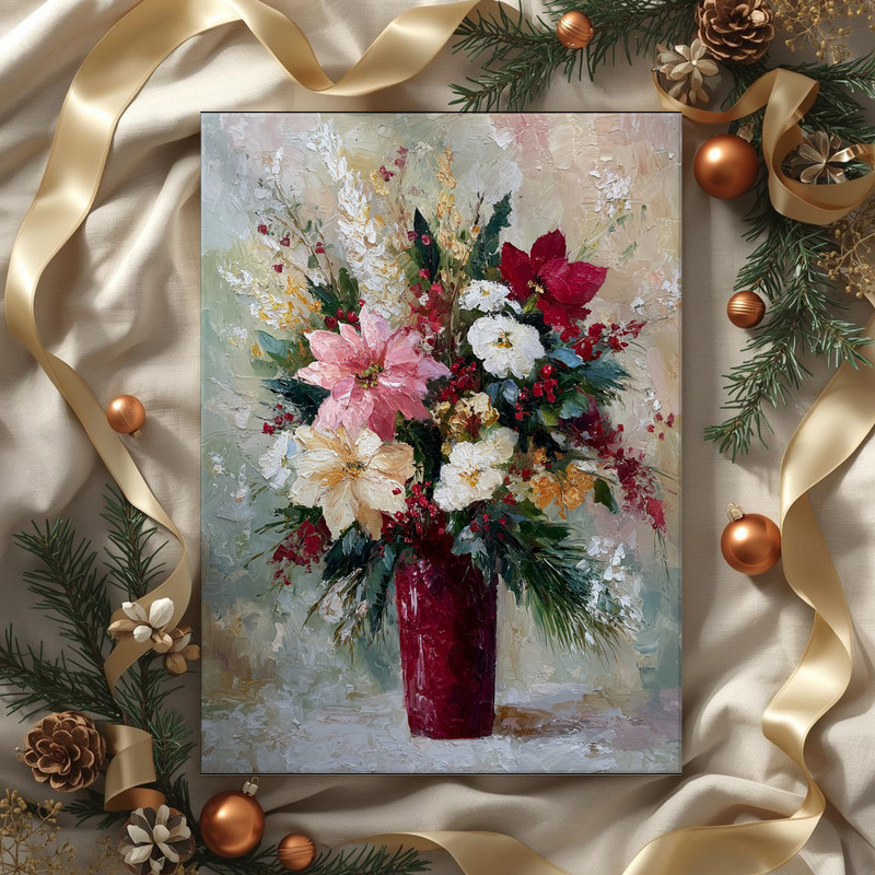 Winter vase canvas wall art in monochrome neutrals, ceramic vessel with winter florals, holiday decor for small dorms Winter vase canvas wall art in monochrome neutrals, ceramic vessel with winter florals, holiday decor for small dorms